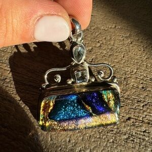 Fused Dichroic Glass Boxed Cabochon and aquamarine Pendant in Sterling